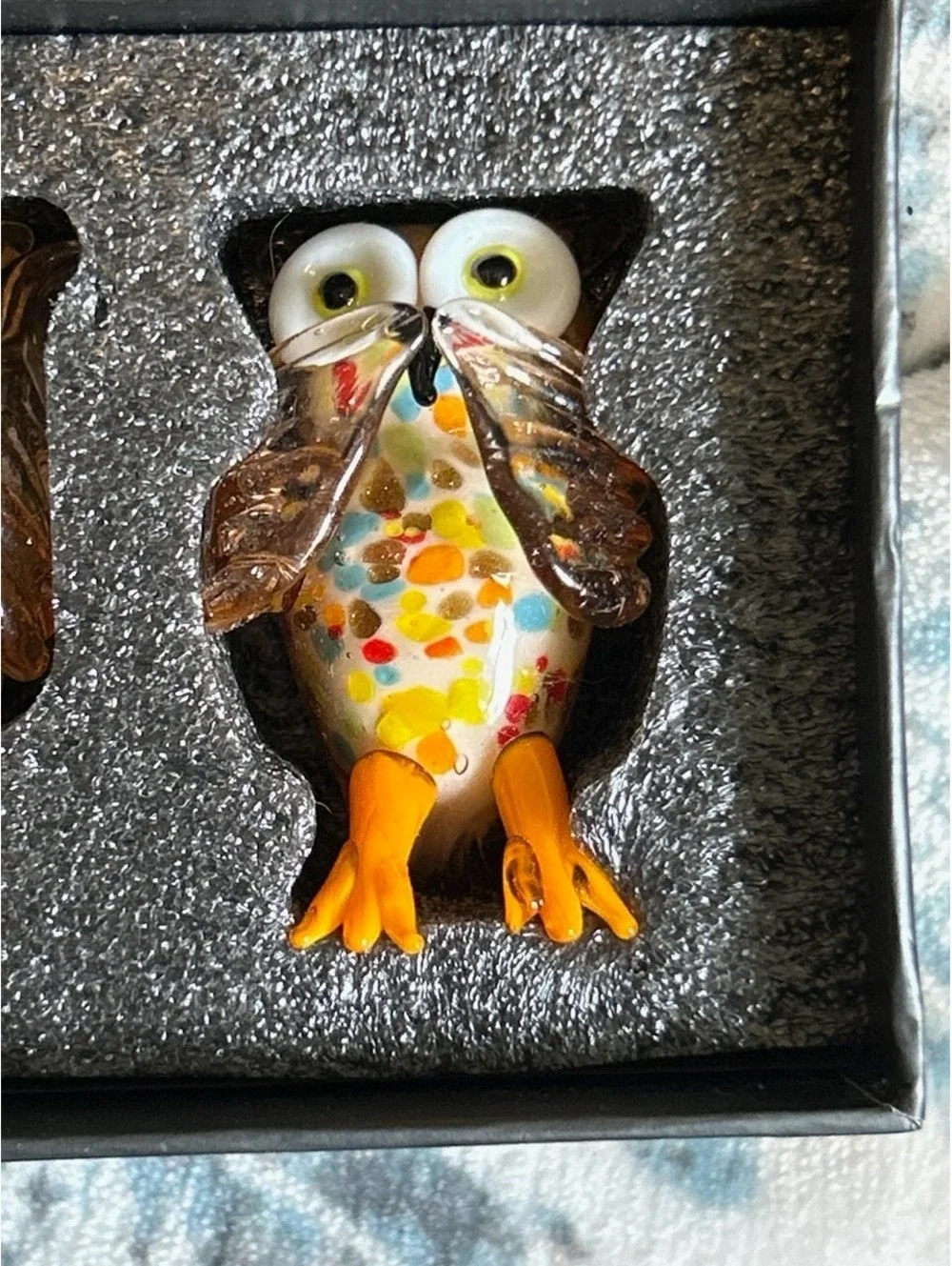 Set of 3 Handcrafted Glass Owl Figurines with Multicolor Speckled Design